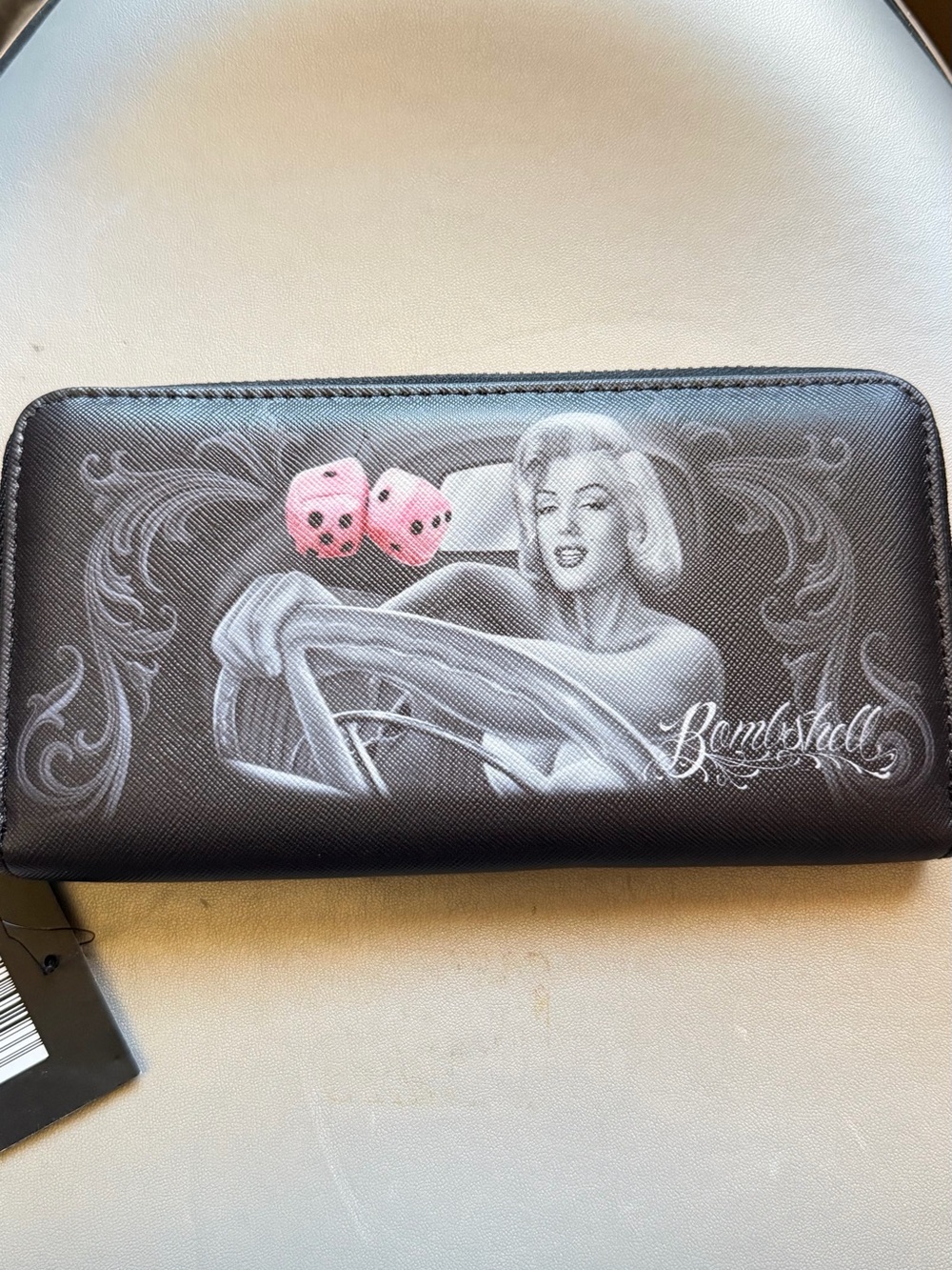 Black Zip-Around Wallet with Marilyn Graphic and Pink Dice
